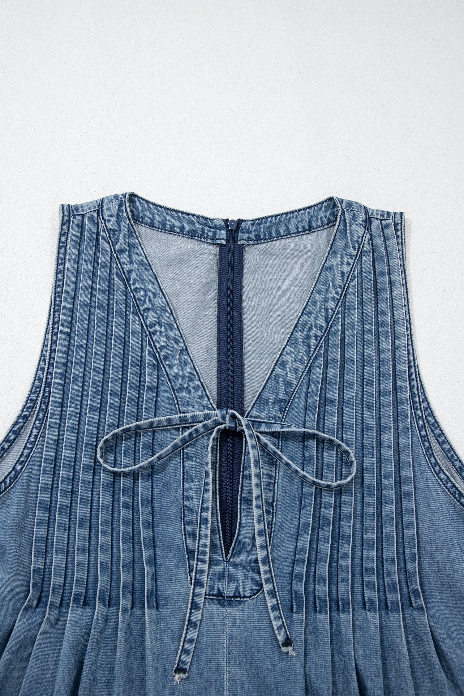 Acid Wash Denim Pleated Tie V-Neck Jumpsuit